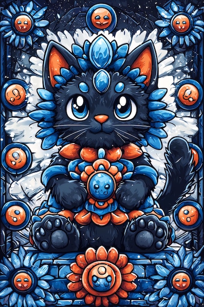 Photo mystical black cat with floral crown and blue gems