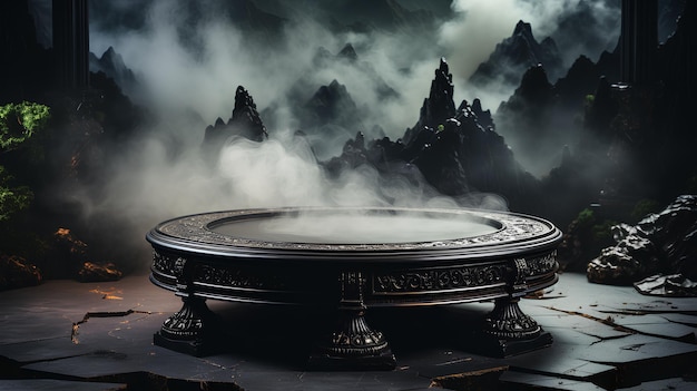 Mystical black podium in the form of a table against the background of fog