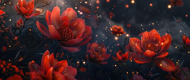 Photo mystical bloom fantasy flora in luminous red and orange tones generative ai