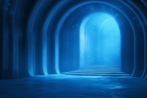 Photo mystical blue cavern with illuminated steps leading into a serene underwater realm