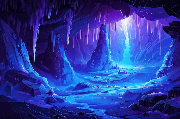 Mystical Blue Crystal Cave with Glowing Runes and Shimmering Water