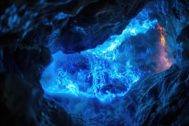 Photo mystical blue fire illuminates dark cave interior in sony shot