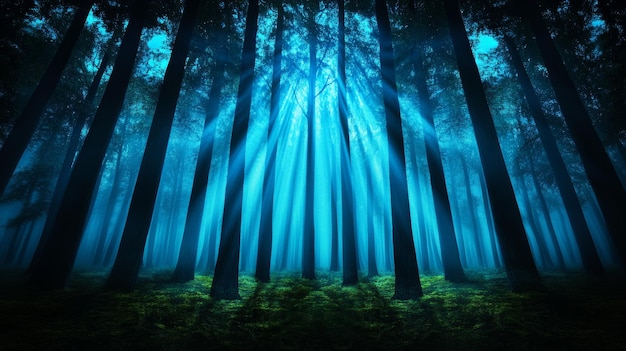 Mystical Blue Forest with Light Rays