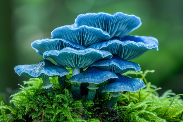 Mystical Blue Mushrooms Emerging from Lush Green Moss