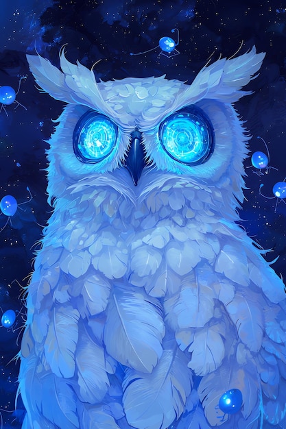 Mystical Blue Owl with Glowing Eyes