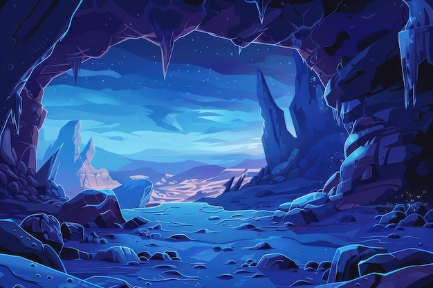 Mystical blue rocky cavern with a view of a distant landscape