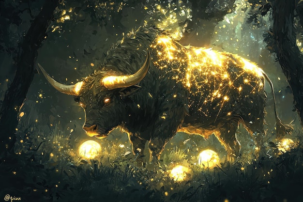 Mystical Bull Spirit Surrounded by Ethereal Lights and Fireflies