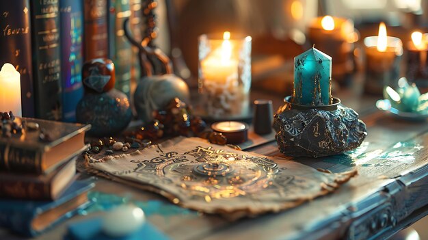 Photo mystical candlelight and antique objects