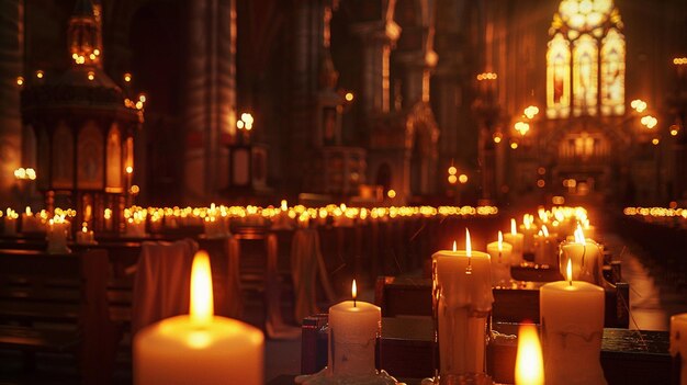 Mystical Candlelit Church Interior with Lit Candles