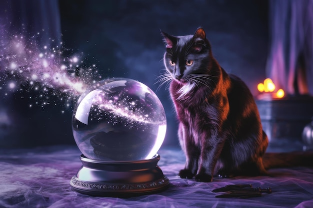 Photo mystical cat crystal ball enchanting dark background mystical cat marketing materials pet products