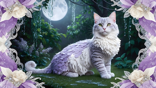 Mystical Cat in a Moonlit Garden