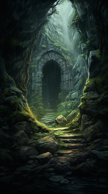 Mystical Cave Entrance in Ancient Forest