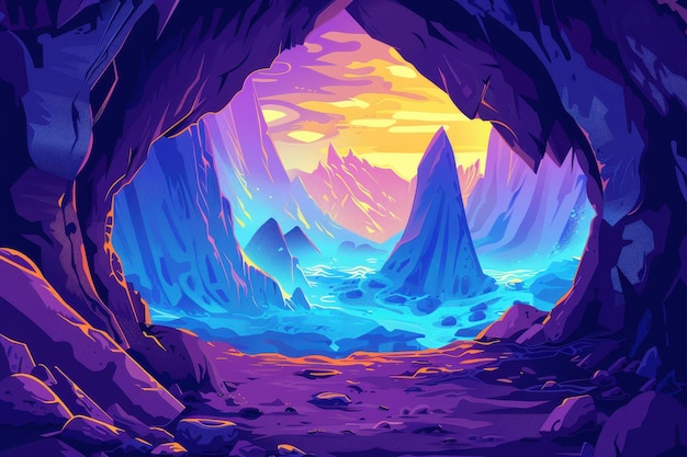 Mystical cave entrance reveals a majestic mountain landscape with a vibrant sky