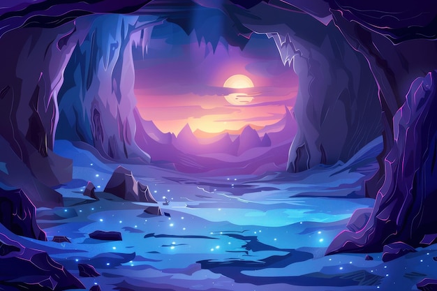 Mystical Cave Entrance at Sunset with Bioluminescent Lake