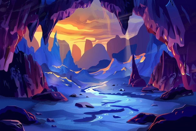 Mystical Cave Entrance with Glowing Blue River and Sunset