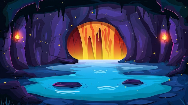 Photo a mystical cave entrance with a glowing pool of water and candles