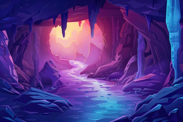 Mystical Cave Entrance with Glowing River and Colorful Crystals