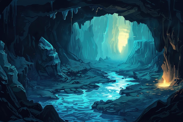 Mystical Cave Entrance with Glowing River