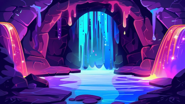 A Mystical Cave Entrance with Glowing Waterfalls