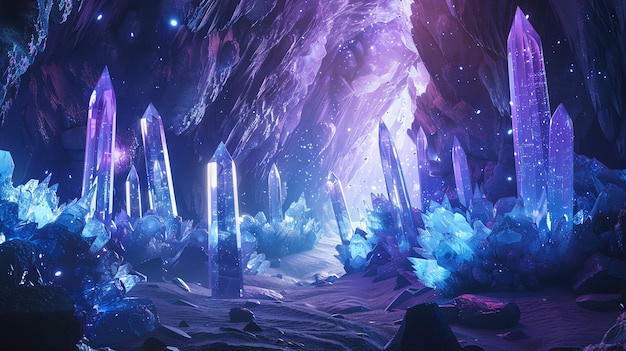 A mystical cave filled with glowing crystals