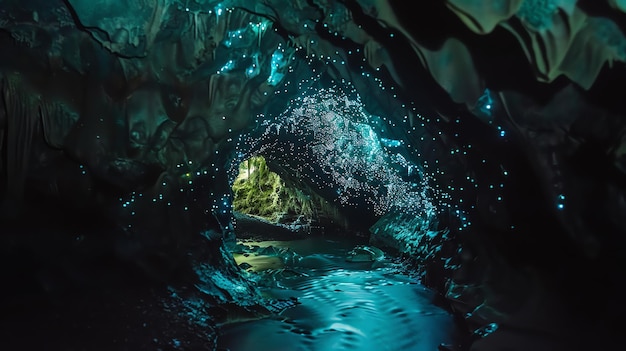 Photo a mystical cave with glowing bluegreen lights and a stream of water