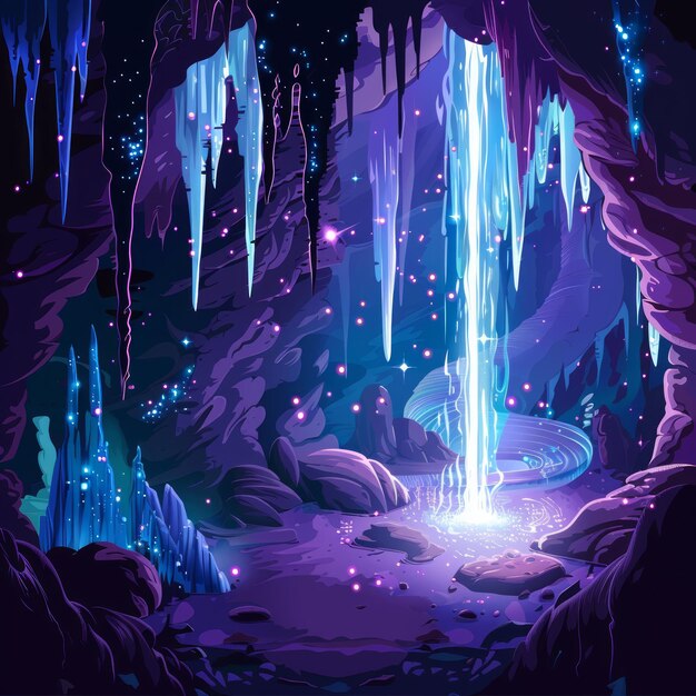 Mystical cave with glowing waterfall and crystal formations