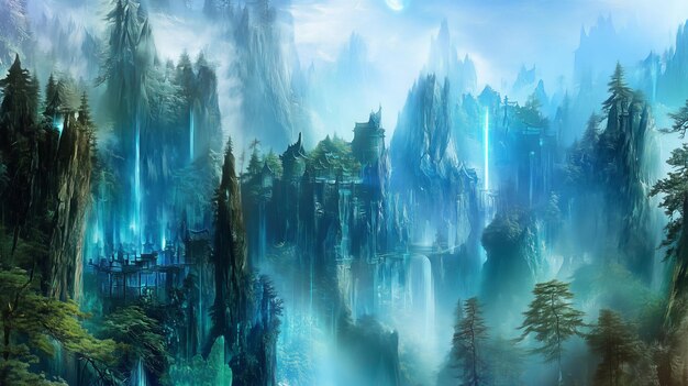 Photo a mystical city built within towering cliffs and cascading waterfalls