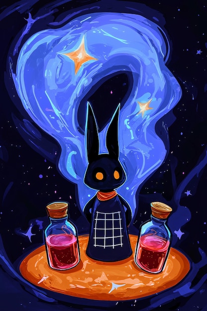 Photo mystical creature with potion bottles under a blue nebula