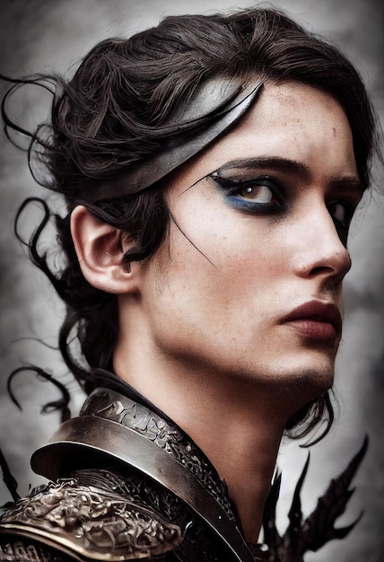 Mystical creepy man with frightening makeup in ancient battle armor Gothic mystery man