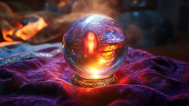 Photo a mystical crystal ball sits on a plush purple velvet cloth reflecting a swirling ethereal image