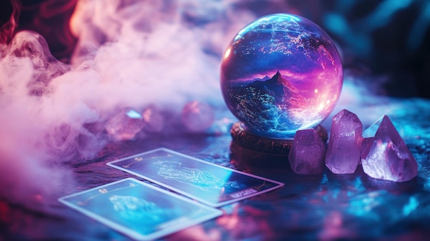 Photo mystical crystal ball with tarot cards and crystals