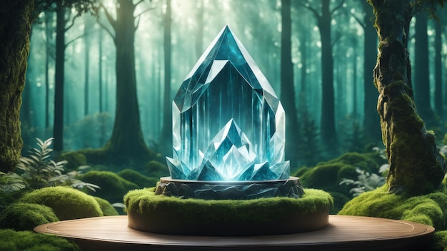 Mystical Crystal Podium with enchanted forest Background