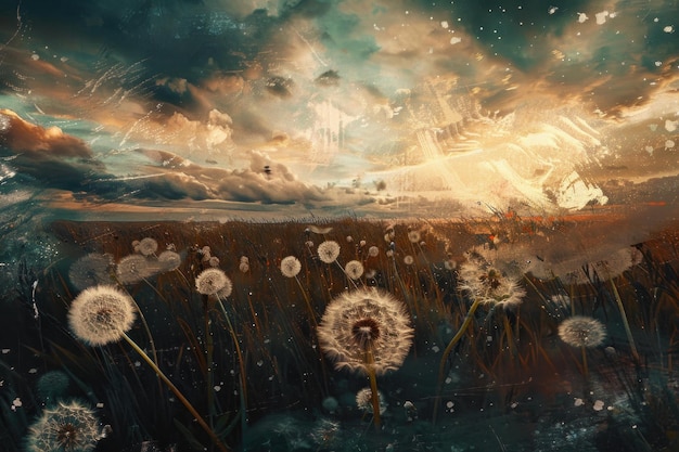 Mystical dandelion field at sunset