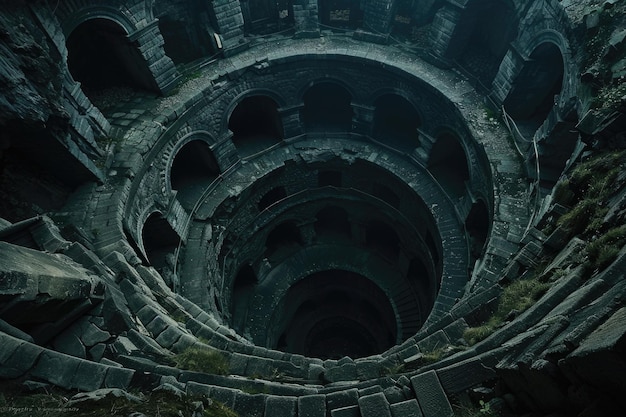 Mystical Dark Abyss at the Bottom of an Ancient and Mysterious Well with Circular Architecture