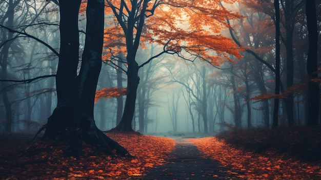 Mystical dark autumn forest with trail in blue fog