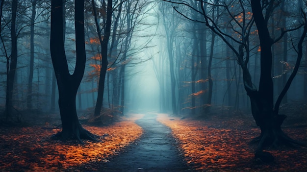 Mystical dark autumn forest with trail in blue fog