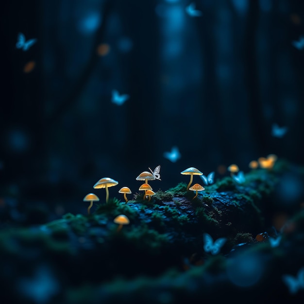 Photo mystical dark forest scene ethereal blue lighting tiny glowing mushrooms growing on mossy logs fa