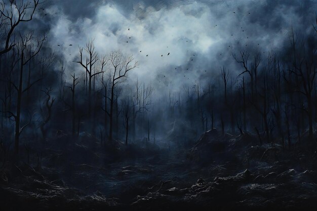 Mystical dark forest with fog and bats