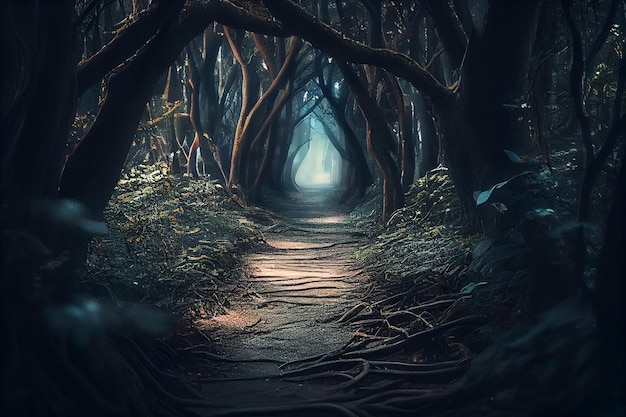 Mystical dark forest with path and treesgenerative ai