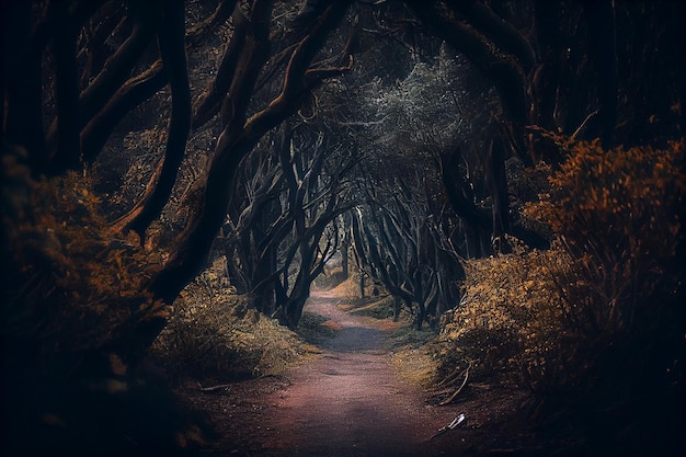 Mystical dark forest with path and treesgenerative ai