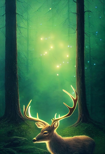 A Mystical Deer with large Antlers Within a Forest with a biol