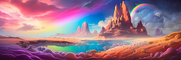 mystical desert with shifting sands and ancient ruins set against a dynamic surreal abstract sky Generative AI