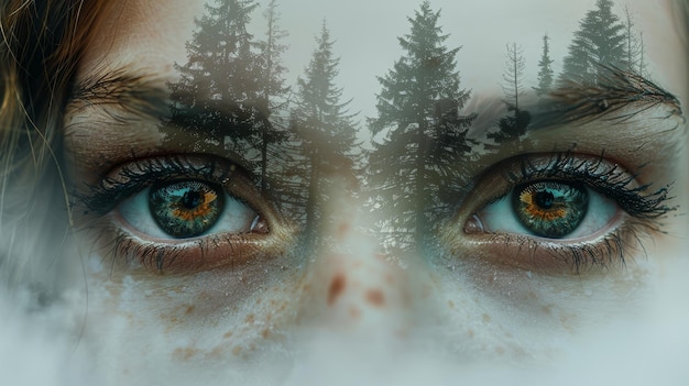 Photo mystical double exposure of human eyes and forest trees creating a surreal and dreamlike visual effect