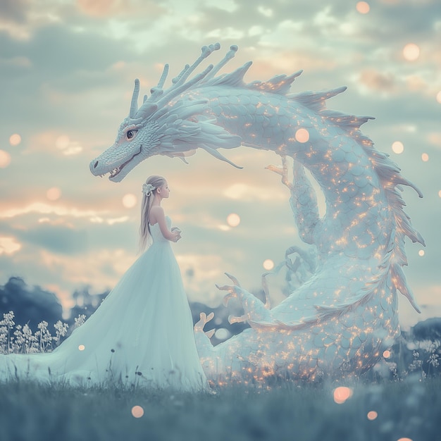 Mystical dragon and princess pastel glow enchanted world soft clouds ethereal light