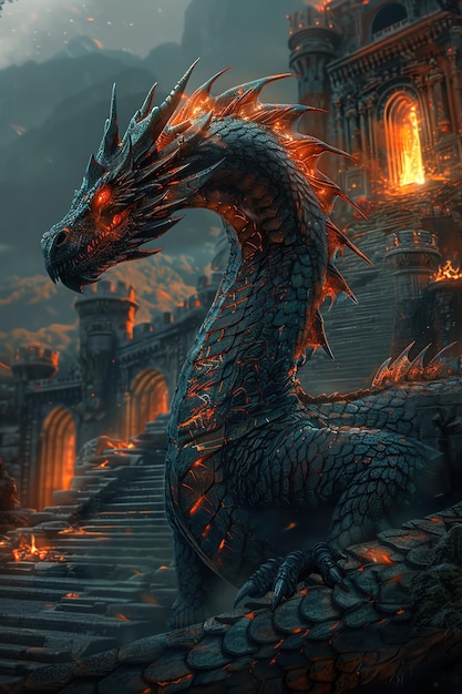 Photo a mystical dragon weaving through ancient ruins with magical runes glowing on its scales