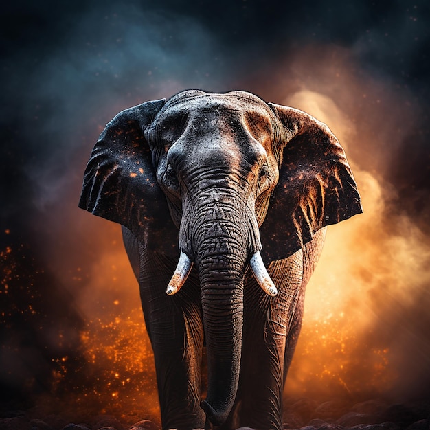 A mystical elephant photographed with moody backlighting streaming