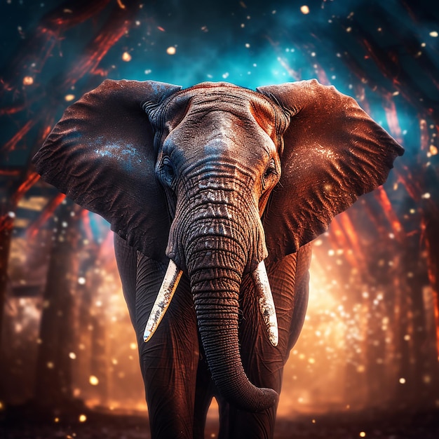 A mystical elephant photographed with moody backlighting streaming