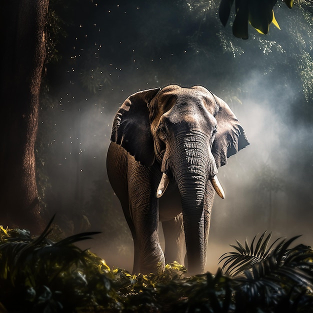 A mystical elephant photographed with moody backlighting streaming