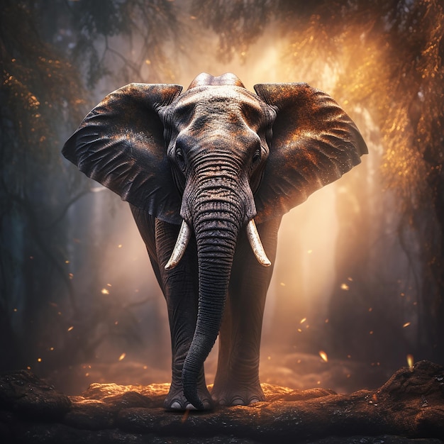 A mystical elephant photographed with moody backlighting streaming