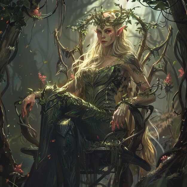 A mystical elf queen seated on a throne made of vines and flowers